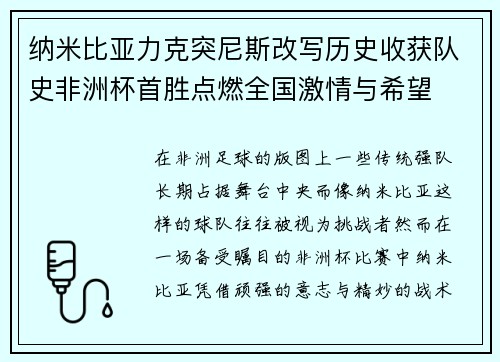 纳米比亚力克突尼斯改写历史收获队史非洲杯首胜点燃全国激情与希望